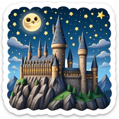 hogwarts castle on a starry night and owl flying in the air sticker