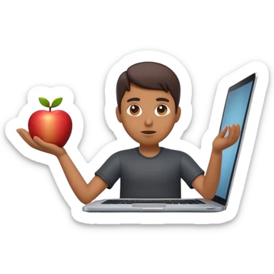 A dark-colored laptop with the screen open. From the screen, a person is emerging, standing or sitting as if giving a lecture or teaching. The person should look expressive and in a teaching pose. Soft shadows, semi-3D Apple emoji style, clean white background. sticker