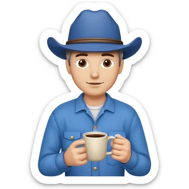 Ranch hand with blue hat and coffee mug sticker
