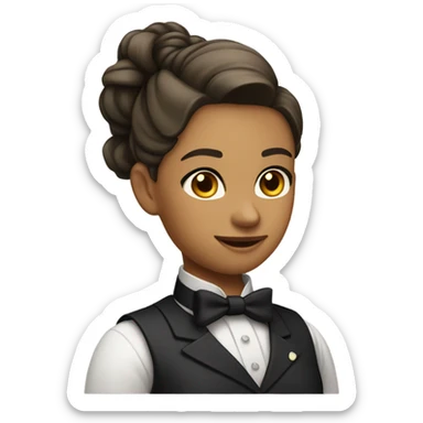 a female butler with a professional and elegant demeanor. She has her hair neatly tied in a ponytail and wears a classic butler uniform, including a tailored vest, crisp white shirt, and bow tie. sticker