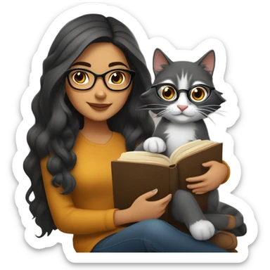 Beautiful Hispanic girl, wearing glasses, long dark- gray hair, sitting with a cat and book on her lap.  She’s wearing fall colors.  sticker