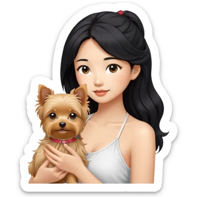 A pretty Asian girl with long, luscious wavy black hair (loose, no hair tie), wearing a white sleeveless halter top. She's holding a Yorkshire Terrier.  sticker