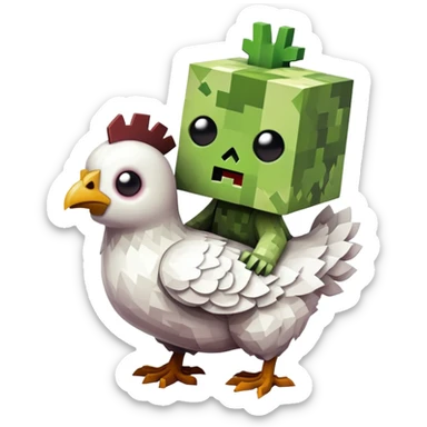 small square-shaped Minecraft baby zombie riding a tiny white chicken sticker