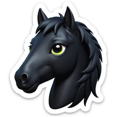 Cinematic Comical Black Horse Portrait Emoji, Head tilted dramatically with an exaggeratedly amused expression, featuring a striking jet-black fur with a glossy finish and wide, expressive dark eyes filled with playful disbelief, Simplified yet hilariously expressive features, highly detailed, glowing with a slightly sassy glow, high shine, dramatic yet playful, stylized with an air of cheeky mischief, bright and endearing, soft glowing outline, capturing the essence of a spirited and over-the-top horse, so meme-worthy it feels like it could side-eye its way into internet fame instantly! sticker