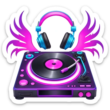 Create a dynamic and modern emoji that represents remixing music. The design should feature a turntable, a soundwave, and music editing software icons to symbolize the process of transforming original tracks. Add elements like a DJ controller or headphones to emphasize the remixing aspect. Use vibrant colors like neon pink, electric blue, and purple to convey the energy and creativity involved in remixing. The background should be transparent. sticker