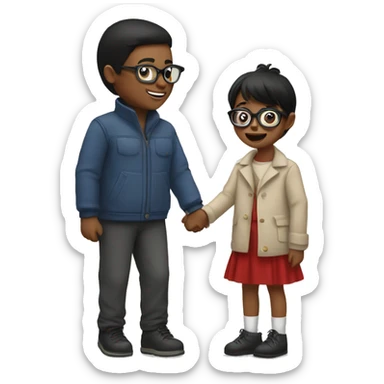 Girl with short straight black hair & glasses holding little boys hand at Christmas parade  sticker
