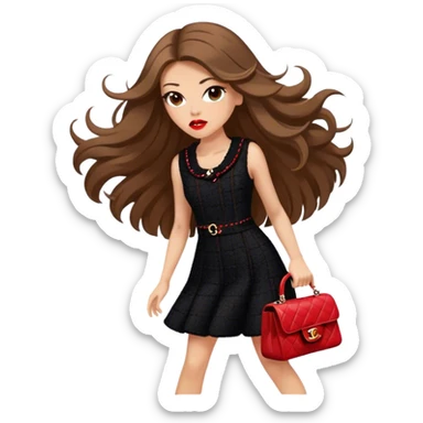 White girl with brown long hair dressed up in black chanel tweed dress with a red chanel bag and red lipstick. Close up shot with wind blowing her hair looking fancy sticker