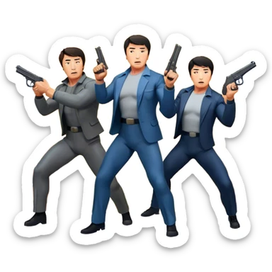 Action movie icons: Arnold Schwarzenegger, Sylvester Stallone and Jackie Chan in tense poses, surrounded by explosions, guns and fast-paced stunts. The design should reflect the energy and heroes of classic action movies. Transparent background. sticker