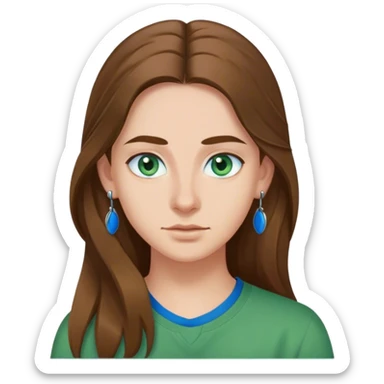 italian student with long brown hair, blue eyes, green shirt, hook earrings sticker