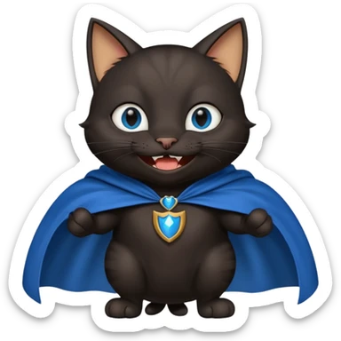 an all black anthropomorphic cat with blue eyes wears an all black cape and is smiling a mischievous sharp tooth grin sticker