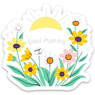 Spring flowers in garden with sun with inscription Good morning  sticker