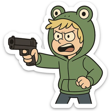 animated boy with blonde hair wearing a frog hoodie, pointing a gun forward, flat toon style sticker