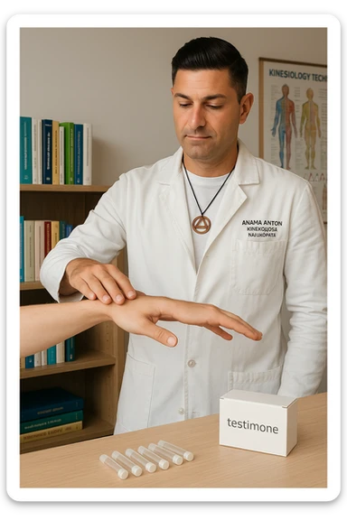 a middle-aged man in a calm, well-lit studio, wearing casual professional attire, performs a classic muscle test on a client’s outstretched arm. On a nearby table, there are small envelopes or vials labeled “testimone” representing samples or objects connected to a distant person. The atmosphere is focused and serene, with books and charts about kinesiological techniques in the background. sticker