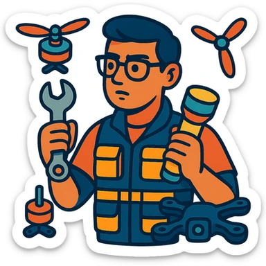 thoughtful technician in glasses and tactical vest, holding a wrench and flashlight, surrounded by drone parts sticker