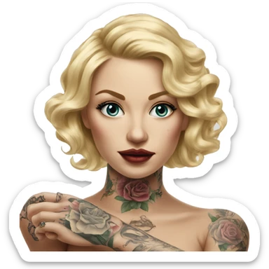 Blonde elegant women, her Body Covered with Tattoos, POINTING to YOU FORWARD with her ONE HAND , Hyper realistic sticker