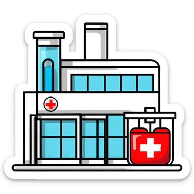 Modern medical clinic building with red cross symbol, test tubes, and heart icon sticker