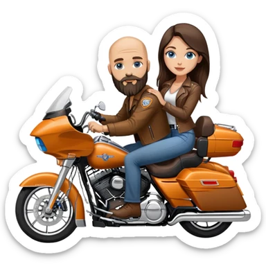 Harley Davidson road glide bearded bald blue eyes man  with brunette girl  pillion sticker