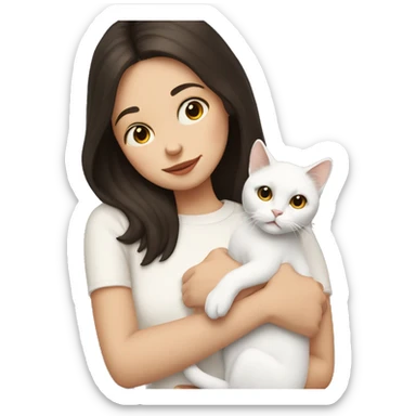 A pale girl with dark brown hair is holding a white cat in her hands sticker