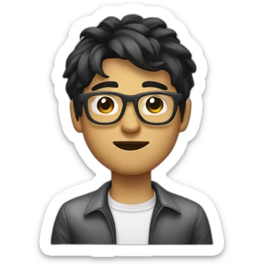 Designer with black hair and glasses throwing up sticker