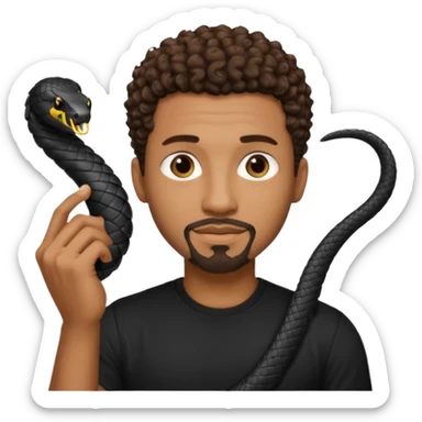 Homme noir, yeux marron avec un bouc menton, cheveux court et bouclé crépus avec un dégradé sur le côté, avec un cobra à côté , t-shirt noir  sticker