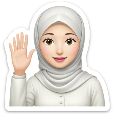 Asian white woman hijab, her hijab color is white, her face is small oval, her face is firm, her lips are pink, her eyes is shining, her face looks happy and excited, her eyes are also smiling, her outfit color is white. Generate emoji that show full body and her left hand is waving to the left sticker