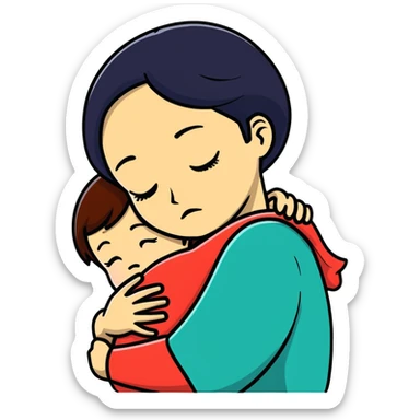 mother hugging sad child, cartoonish, bold outlines sticker