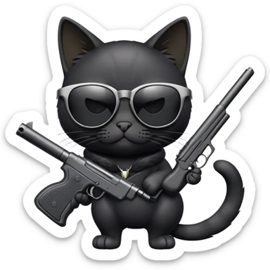black cat with sunglasses and a gun sticker