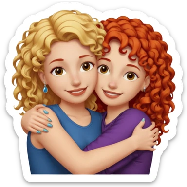 A woman with straight, blonde hair and a nose piercing and a woman with curly red hair and a nose piercing are hugging and smiling together. sticker