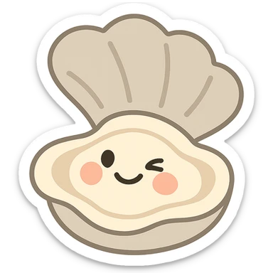 cute oyster with winking expression and rosy cheeks, pastel toon style, cream and greige colors sticker