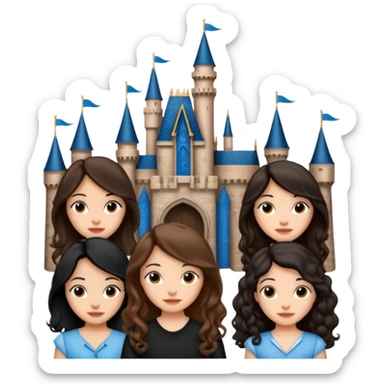 Quiero que crees una imagen donde este el castillo de Disney y por detrás o delante pon a quatro chicas: una con el pelo largo rizado marrón , otra con el pelo corto negro, otra con el pelo mediano liso marrón y otra con el pelo negro largo liso sticker