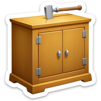 Compact emoji-style icon showing a small wooden cabinet with one door slightly open, a hammer resting beside it, and a plank of wood leaning in the background. Light brown wood tones, silver hammer head, yellow handle. Soft shadows, clean glossy look.  sticker