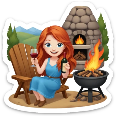 Laughing redhead with long hair and blue eyes holding wine bottle sitting in chair beside fire pit  sticker