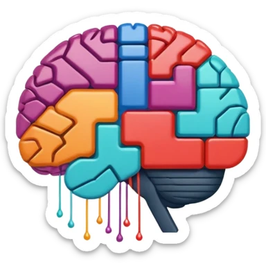 Stylized brain illustration with YouTube logo elements integrated, neural network nodes forming play button shape, digital art style, vibrant color palette, professional icon design, square format sticker