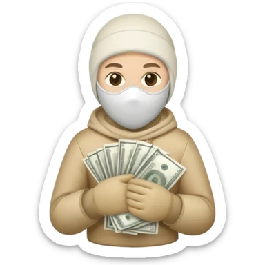 Ski mask holding money bag with black skin color white sticker