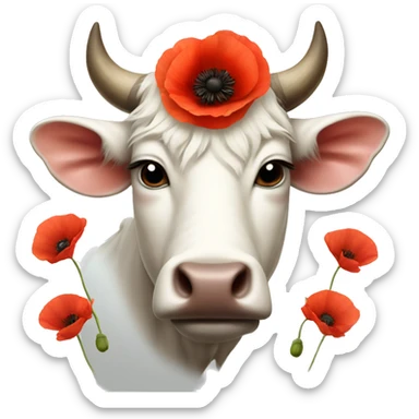 Realistic White ox with poppies on horns sticker