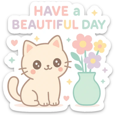 A delightful cat beside a vase of vibrant flowers, with the text "Have a Beautiful Day". The image should exude a sense of calm and beauty. sticker