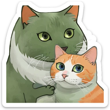 Grey fluffy cat oranges eyes and white-beige cat blue eyes cuddling sticker