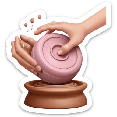 one hand throwing a pink ball of clay onto a completely empty pottery wheel with no pottery or other clay on it sticker