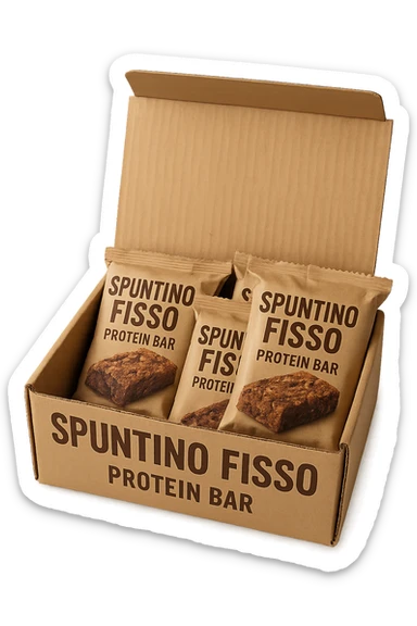 scatola aperta piena di barrette proteiche, con la scritta "SPUNTINO FISSO" SULLA CONFEZIONE in italiano,  realistici sticker