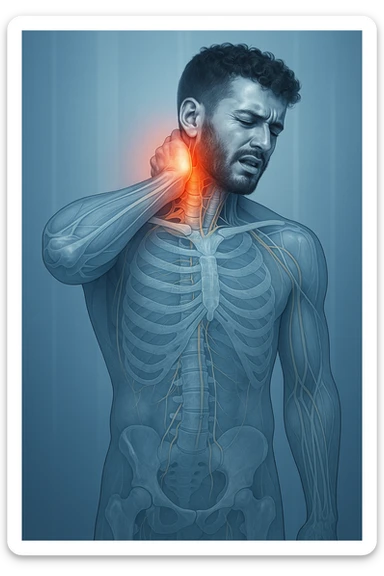 Uomo con dolore per infortunio vista anatomica in piedi con dolori cervicali sticker