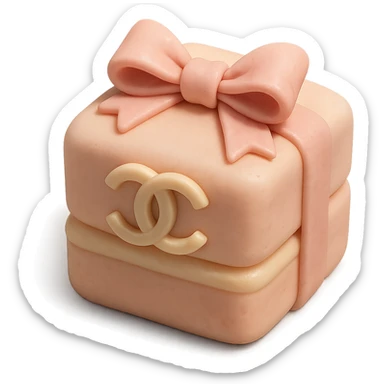 pastel Chanel petit four with a pink bow and logo, fondant cake art style sticker