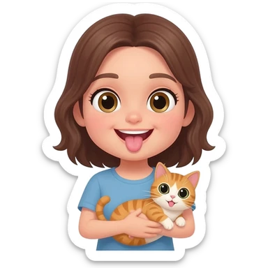 Emoji style Girl showes her tongue. There is a cat in her arms sticker