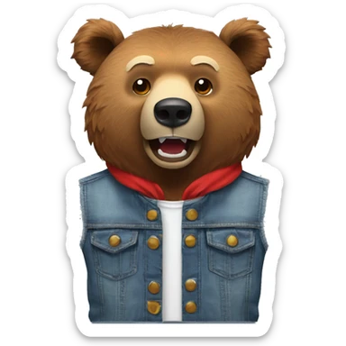 grizzly bear wearing sleeveless jean jacket and red headband with open mouth sticker