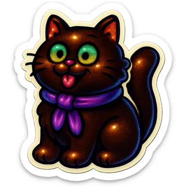 Fluffy cute derpy silly goofy funny dark-brown cat with green eyes and a purple scarf  sticker