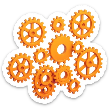 3D style icon of cogs only, no computer, square proportions, modern and dimensional, suitable for a tech interface sticker