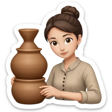 Brunette girl with a bun, behind the potter's wheel, wearing neutral clothing sticker