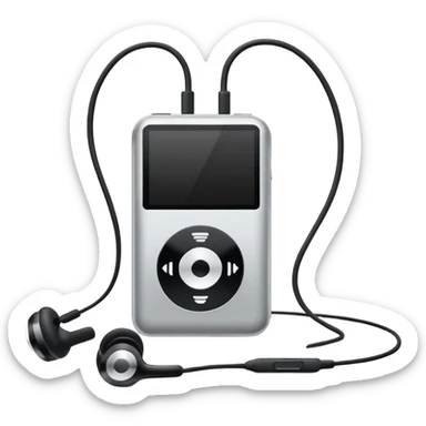 Futuristic iPod emoji with earphones, metallic black and white, smooth reflective surfaces, flat minimal vector design, clean UI style sticker