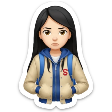 college student with annoyed face , black hair , with varsity jacket and backpack , girl, long hair,  sticker