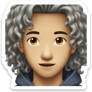 Teen boy type Asian, long wavy hair not too wavy, dark eyes, wearing hoodie sticker