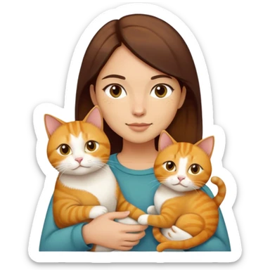Straight short hair ear length in dark brown , skin tone honey . holding one ginger cat and one yellow white cat same size  sticker